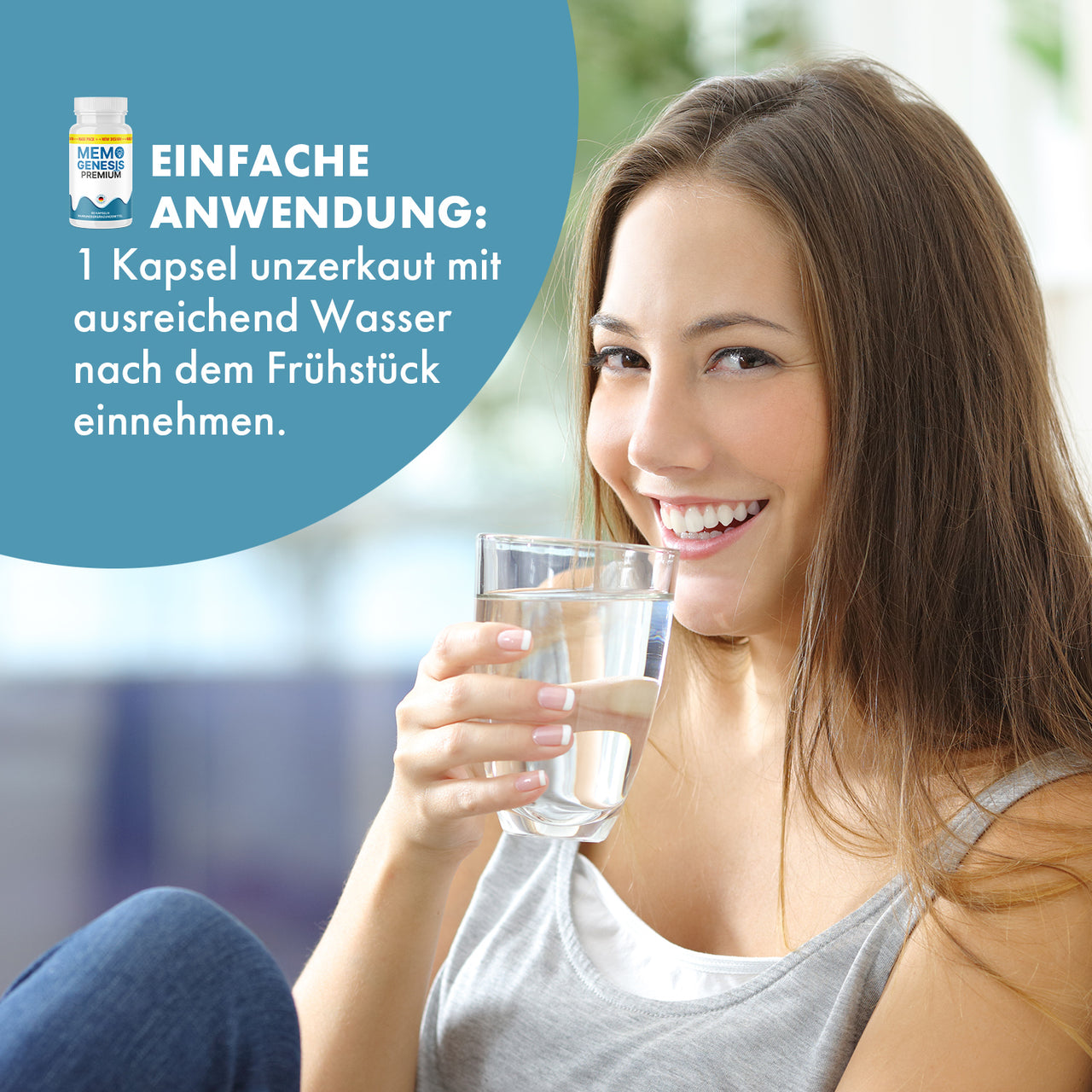 Memo Genesis Premium Anwendungsgrafik mit Frau, Wasserglas und Hinweis 1 Kapsel