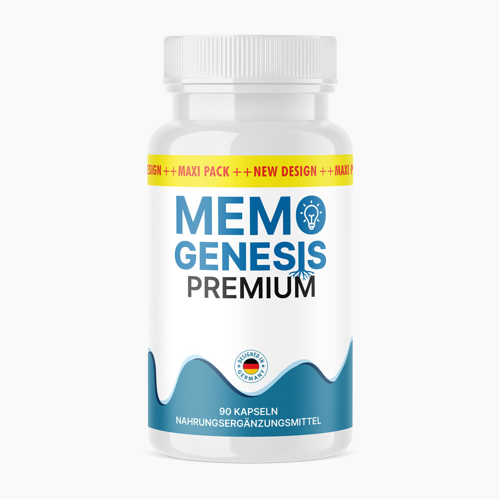 Weiße Dose Memo Genesis Premium mit 90 Kapseln und Schrift Nahrungsergänzungsmittel
