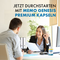 Thumbnail for Memo Genesis Premium Kapseln neben Beratungsszene im Büro mit blauem Schriftzug