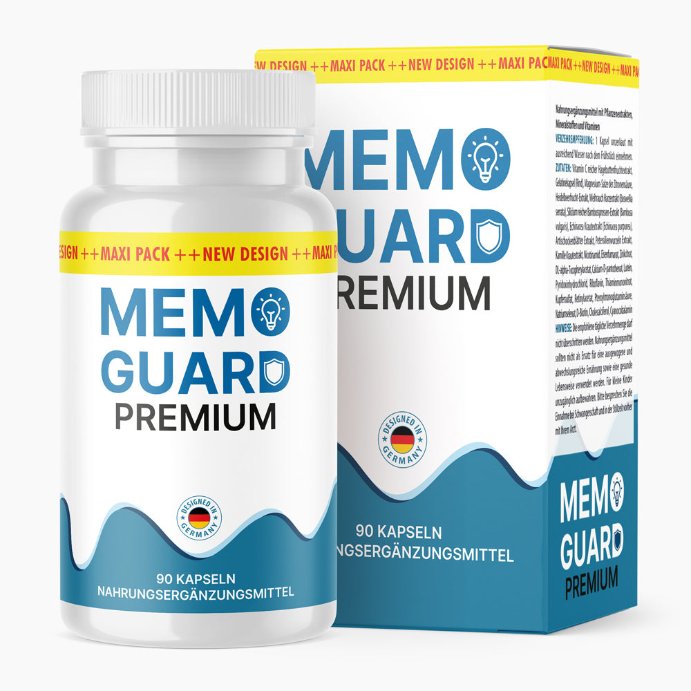Memo Guard Premium Dose mit 90 Kapseln vor passender Faltschachtel mit türkisfarbenem Design