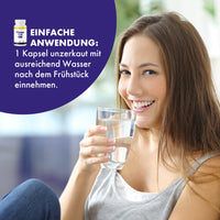 Thumbnail for Frau mit Wasserglas und Text Einfache Anwendung zu 1 Kapsel nach dem Frühstück