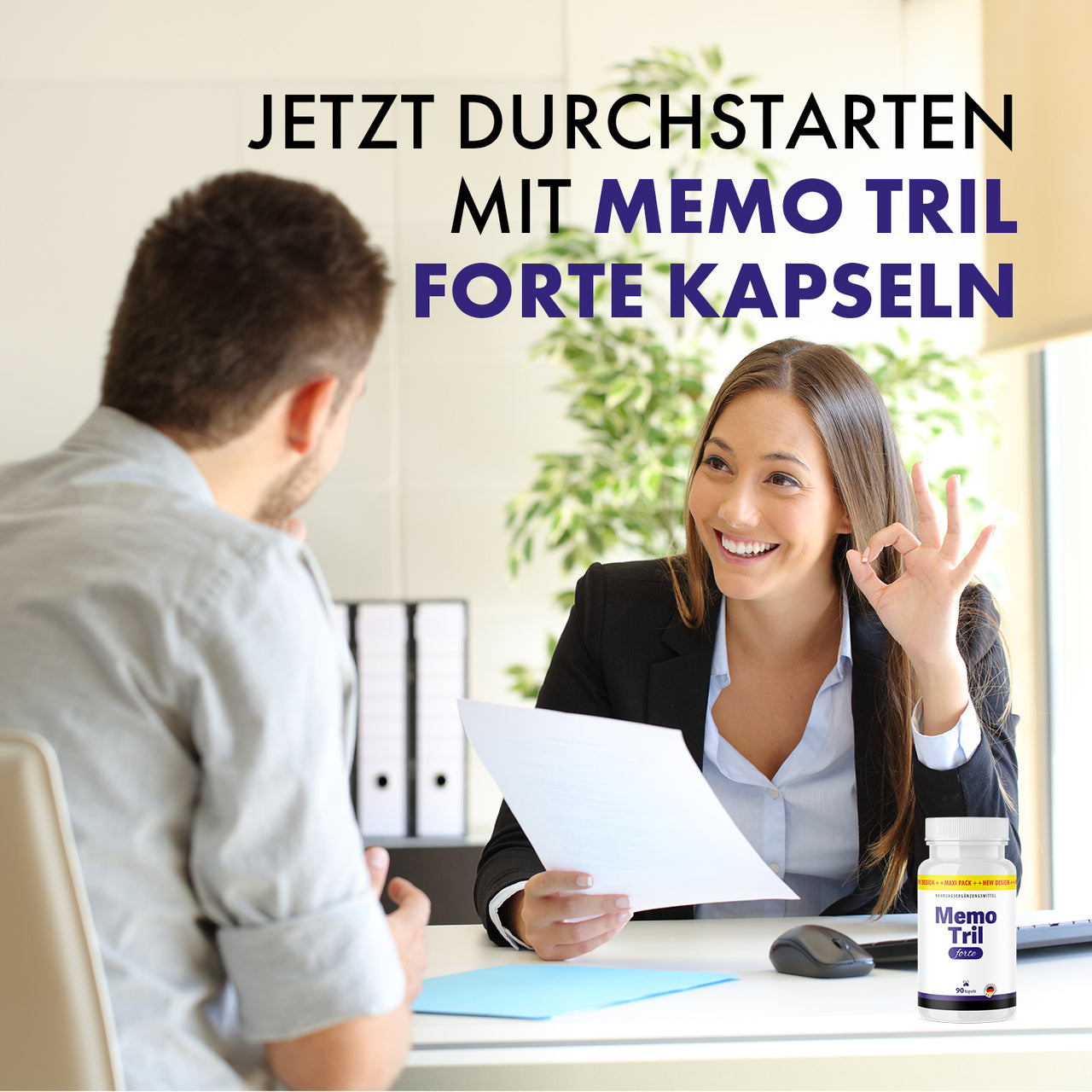 Büroszene mit Frau, Mann und Memo Tril Forte Dose auf dem Tisch