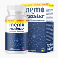 Thumbnail for Nahrungsergänzungsmittel Memo Meister in weißer Dose mit blauem Etikett und Verpackung, 90 Kapseln