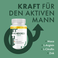 Thumbnail for Dose Mendorex Forte vor grünem Symbol, dazu Maca, L-Arginin, L-Citrullin und Zink als Infopunkte