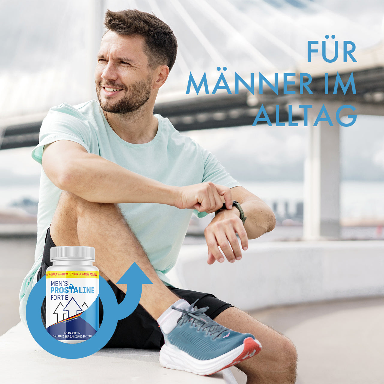 Men’s Prostaline Forte Dose neben sitzendem Mann in Sportkleidung mit Hinweis - für Männer im Alltag