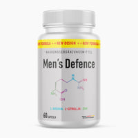 Thumbnail for Weiße Kunststoffdose mit Aufdruck Men’s Defence, farbige Molekülgrafik und 60 Kapseln