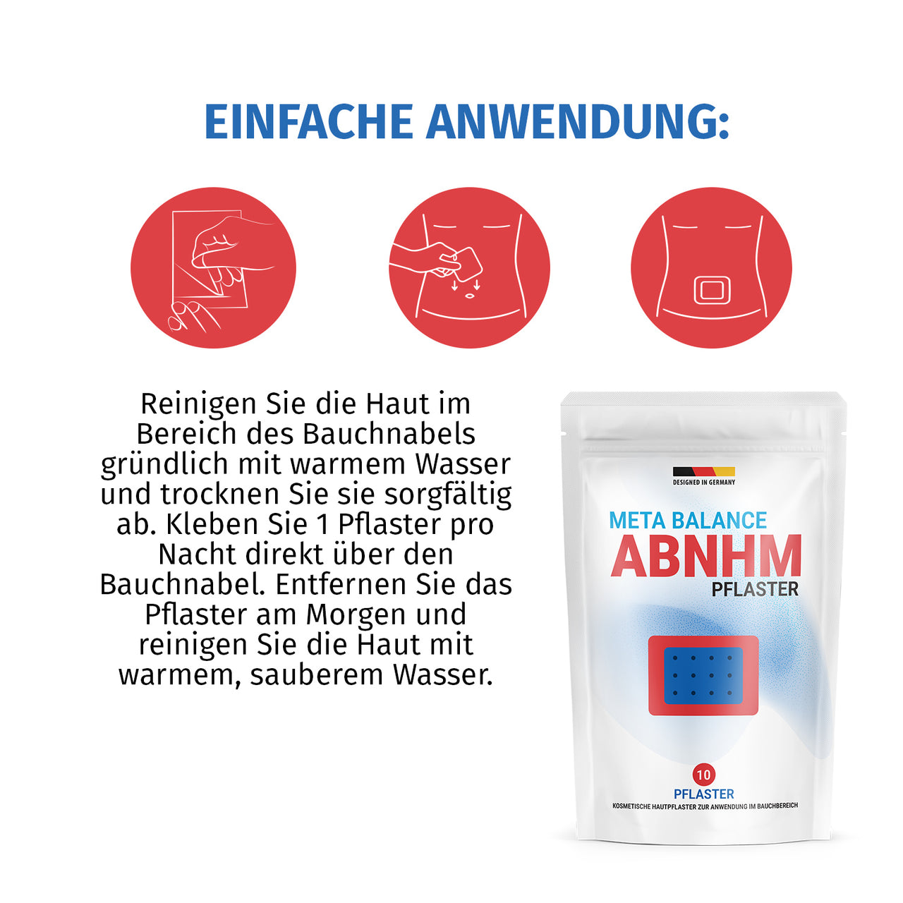 Metabolism Abnhm Pflaster Packung mit Anwendungstext und drei roten Anwendungssymbolen oben