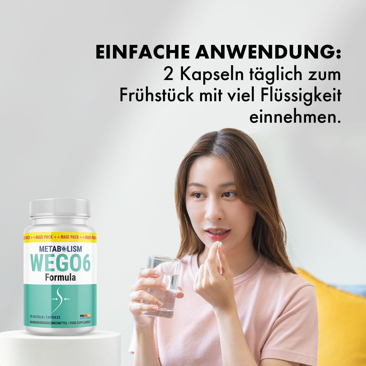 Frau nimmt Kapsel mit Wasser ein neben WEGO6 Dose, Hinweis zur täglichen Einnahme im Bild dargestellt