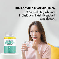 Thumbnail for Frau nimmt Kapsel mit Wasser ein neben WEGO6 Dose, Hinweis zur täglichen Einnahme im Bild dargestellt