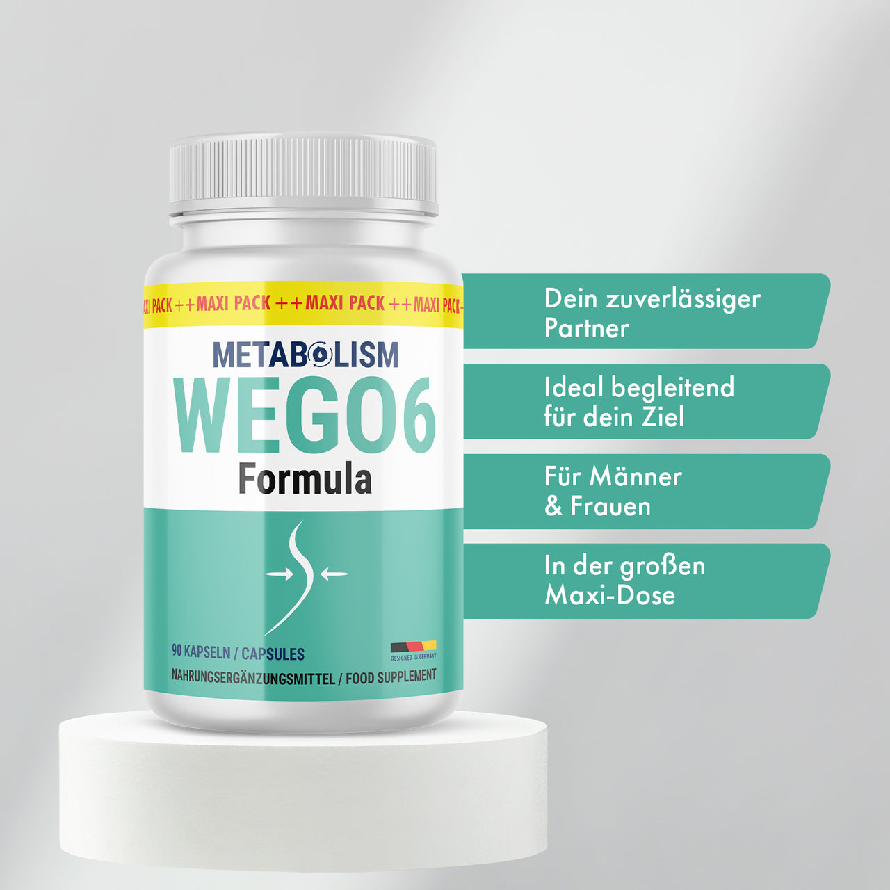 WEGO6 Formula Dose auf weißem Podest mit grünem Etikett und vier Textfeldern rechts im Bild dargestellt