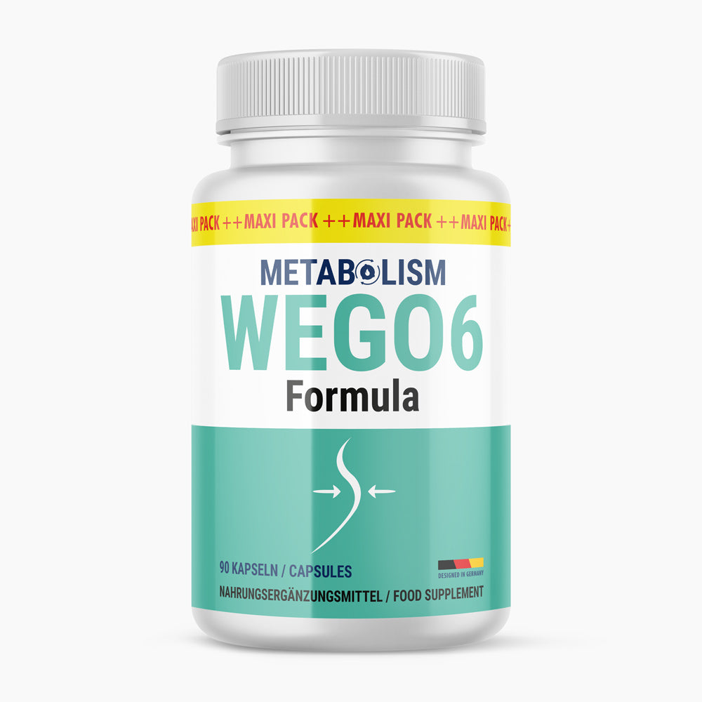 Dose Nahrungsergänzungsmittel Metabolism WEGO6 Formula mit 90 Kapseln, weiß-grünes Etikett frontal dargestellt