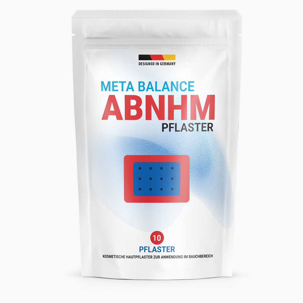 Weiße Standverpackung Metabolism Abnhm Pflaster mit 10 Pflastern und Pflastergrafik