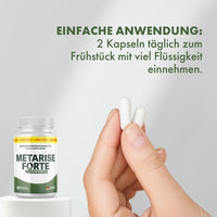 Thumbnail for Hand hält zwei Kapseln, Metarise Forte und Hinweis zur Einnahme