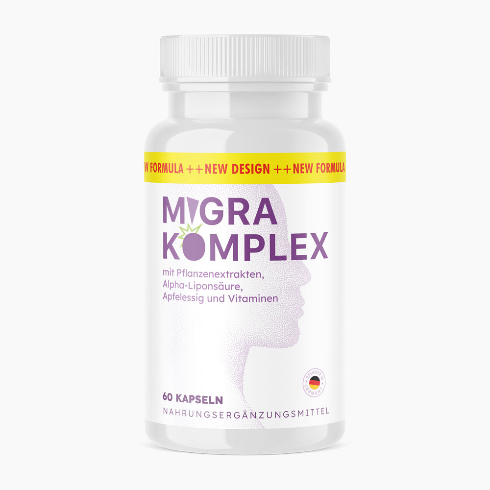 Dose des Nahrungsergänzungsmittels Migra Komplex mit lila Schrift und gelbem Band mit 60 Kapseln