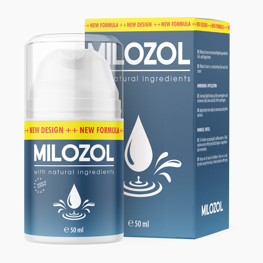 Pumpspender mit Schrift Milozol with natural ingredients, 50 ml vor passender Faltschachtel mit Tropfensymbol