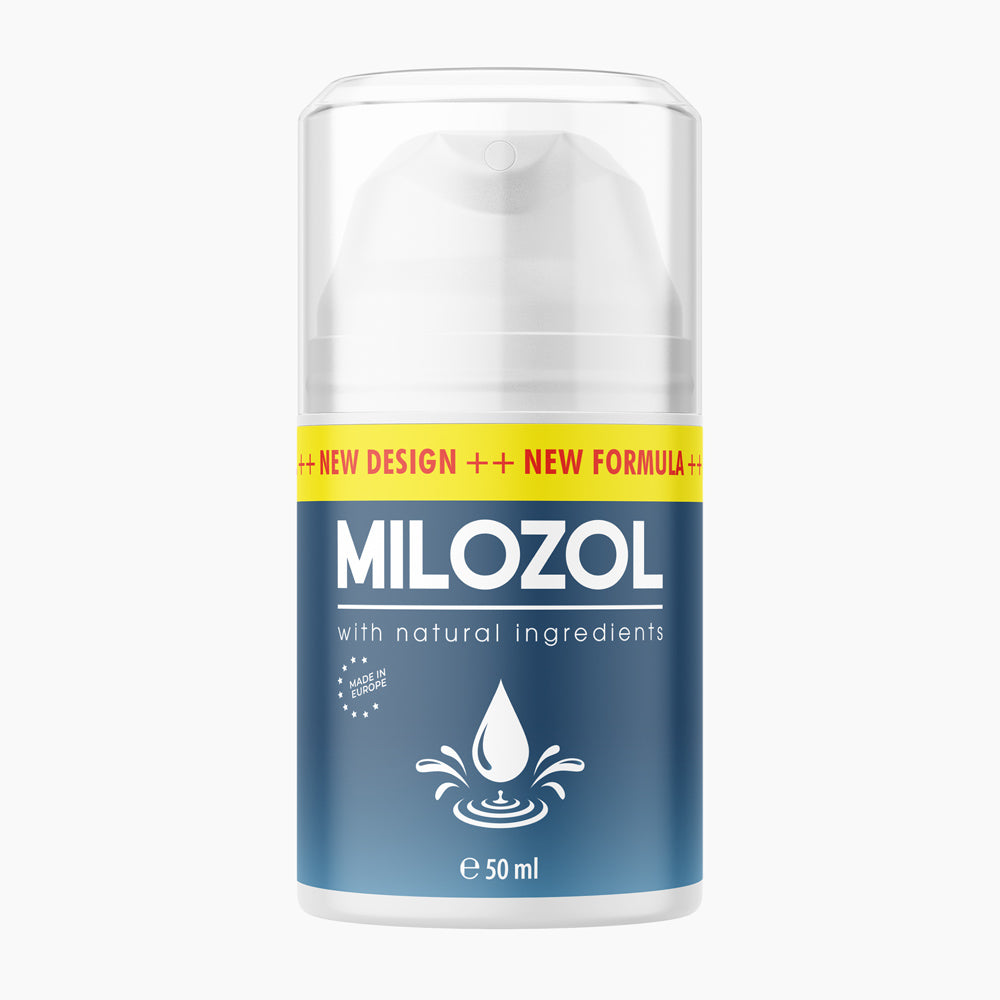Pumpspender mit durchsichtigem Deckel und Schrift Milozol with natural ingredients, 50 ml