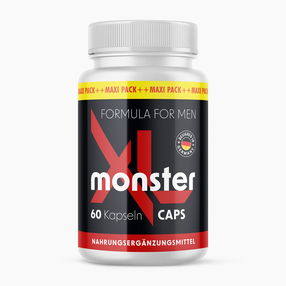 Dose mit Aufdruck XL Monster Caps 60 Kapseln, roter Schrift und Gestaltung auf schwarzem Etikett