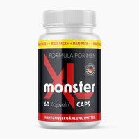 Thumbnail for Dose mit Aufdruck XL Monster Caps 60 Kapseln, roter Schrift und Gestaltung auf schwarzem Etikett