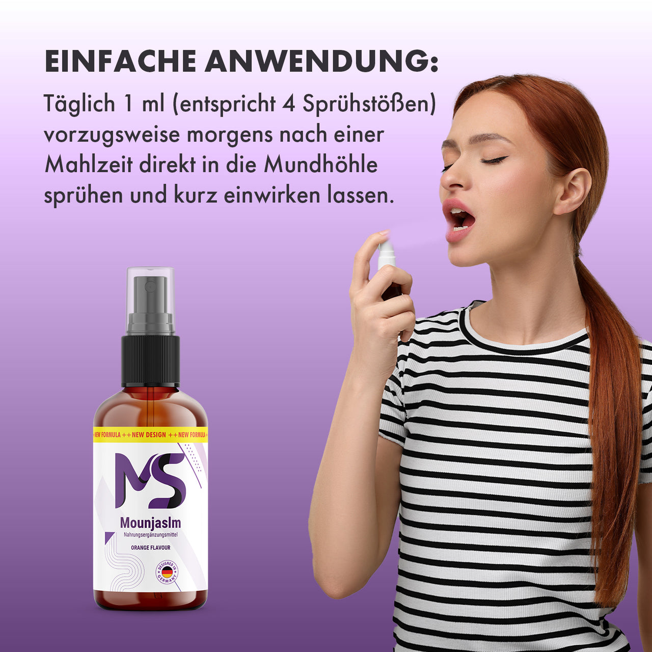 Anwendung Mounjaslm Spray Frau sprüht 1 ml in Mundhöhle nach Mahlzeit