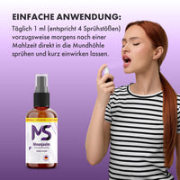 Thumbnail for Anwendung Mounjaslm Spray Frau sprüht 1 ml in Mundhöhle nach Mahlzeit