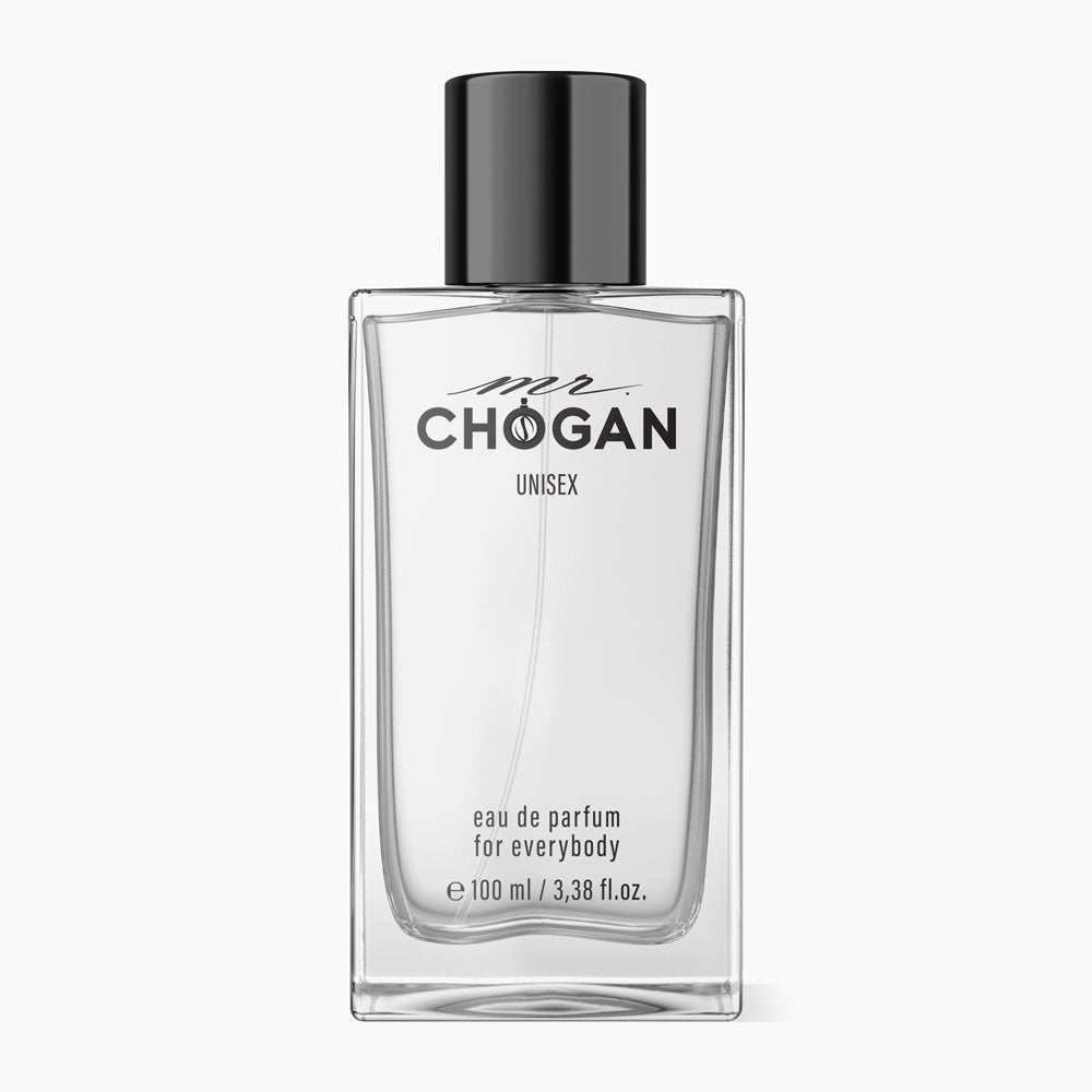Transparenter Flakon mit Aufschrift Mr. CHOGAN UNISEX eau de parfum for everybody 100 ml