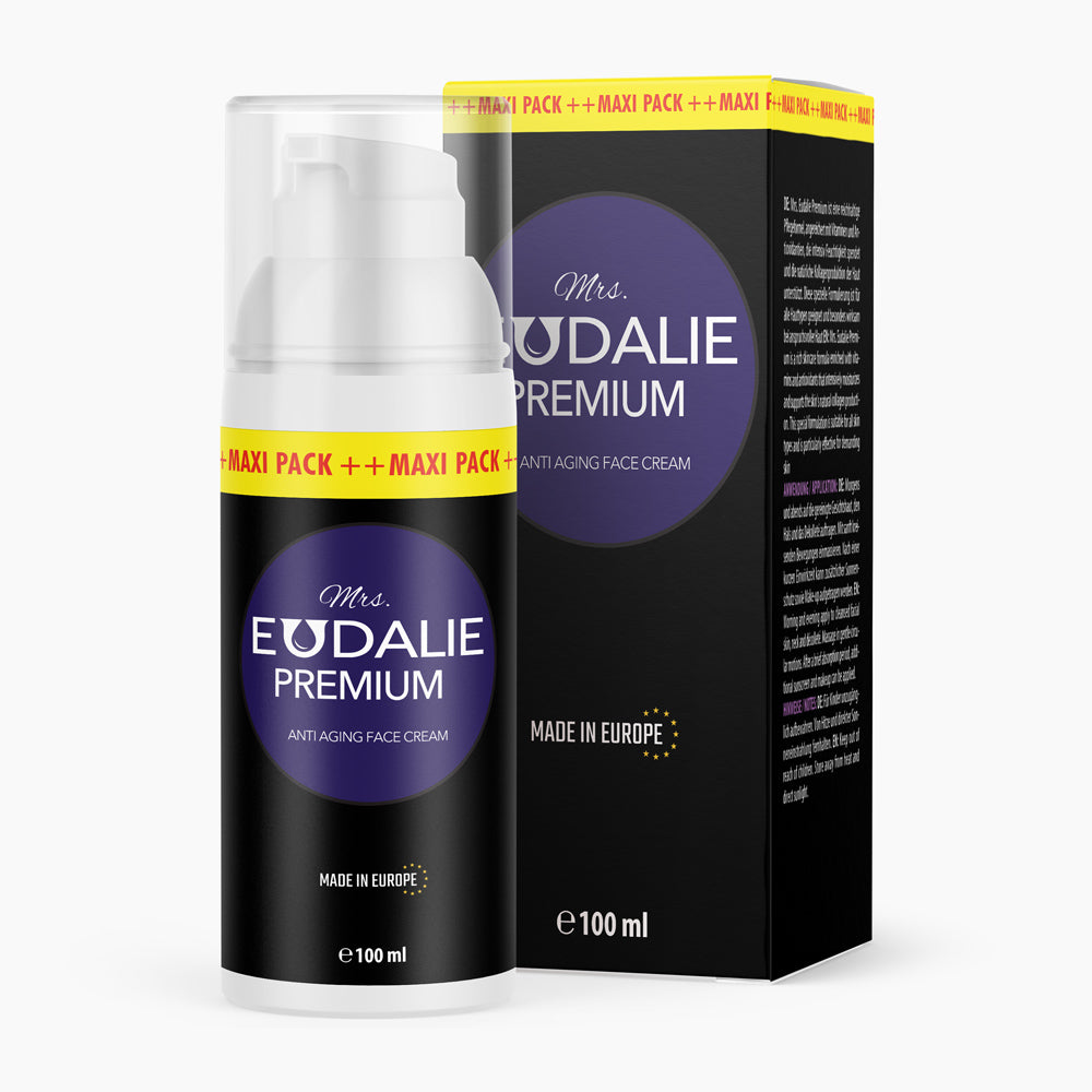Flasche mit Pumpspender und Schrift Mrs. Eudalie Premium Anti Aging Face Cream, 100 ml, vor Faltschachtel