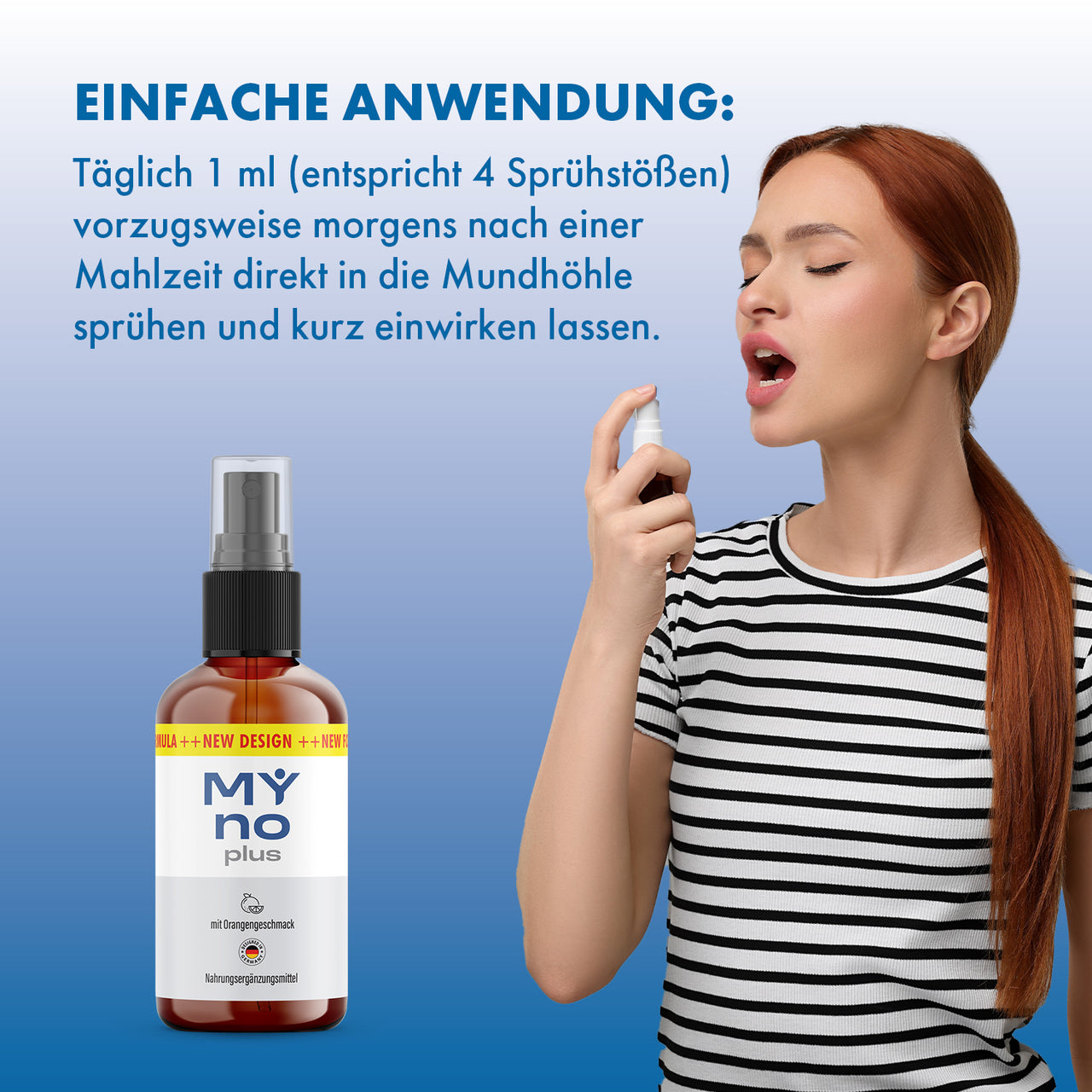 Frau sprüht My No Plus Spray in den Mund, daneben Flasche und sichtbarer Dosierhinweis zur Anwendung