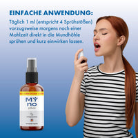 Thumbnail for Frau sprüht My No Plus Spray in den Mund, daneben Flasche und sichtbarer Dosierhinweis zur Anwendung