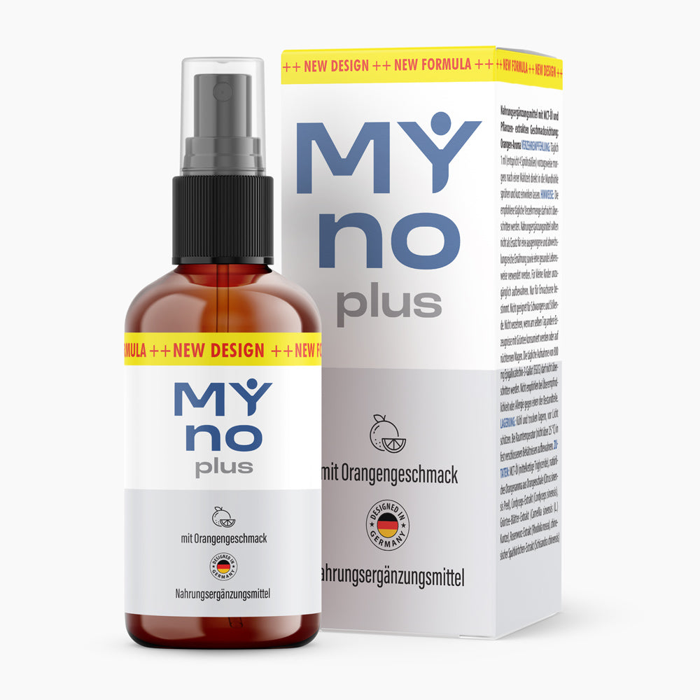 My No Plus Spray mit brauner Sprühflasche und Verpackung mit sichtbarem Hinweis auf Orangengeschmack