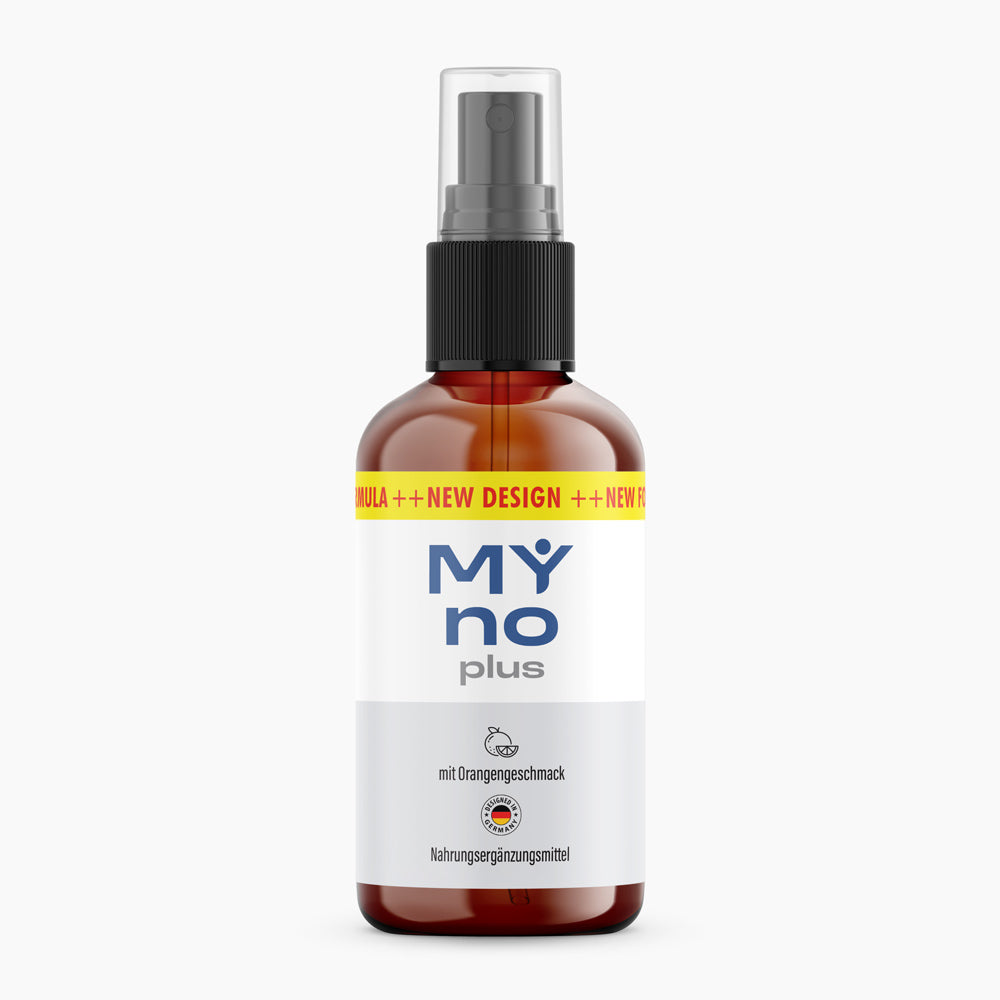 My No Plus Spray in brauner Sprühflasche mit schwarzem Sprühkopf und Hinweis auf Orangengeschmack