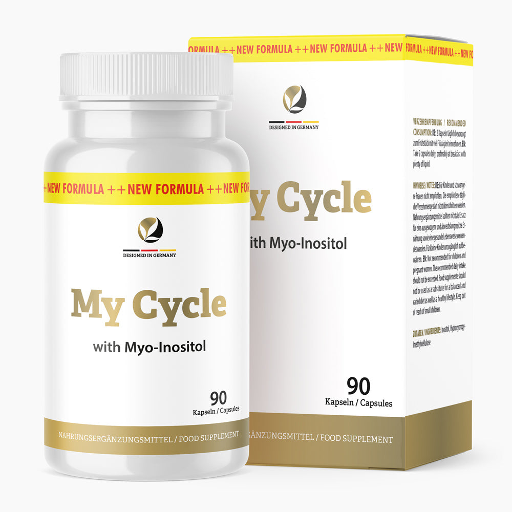 Weiße Dose mit Schrift My Cycle mit Myo-Inositol, 90 Kapseln vor passender Faltschachtel mit Goldstreifen