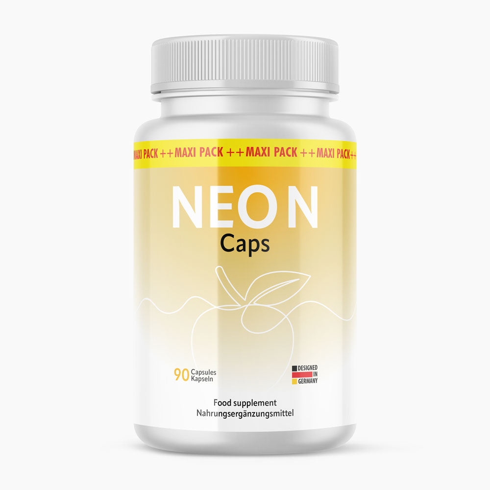 Neo N Caps Nahrungsergänzungsmittel in weißer Dose mit gelbem Etikett und Angabe 90 Kapseln