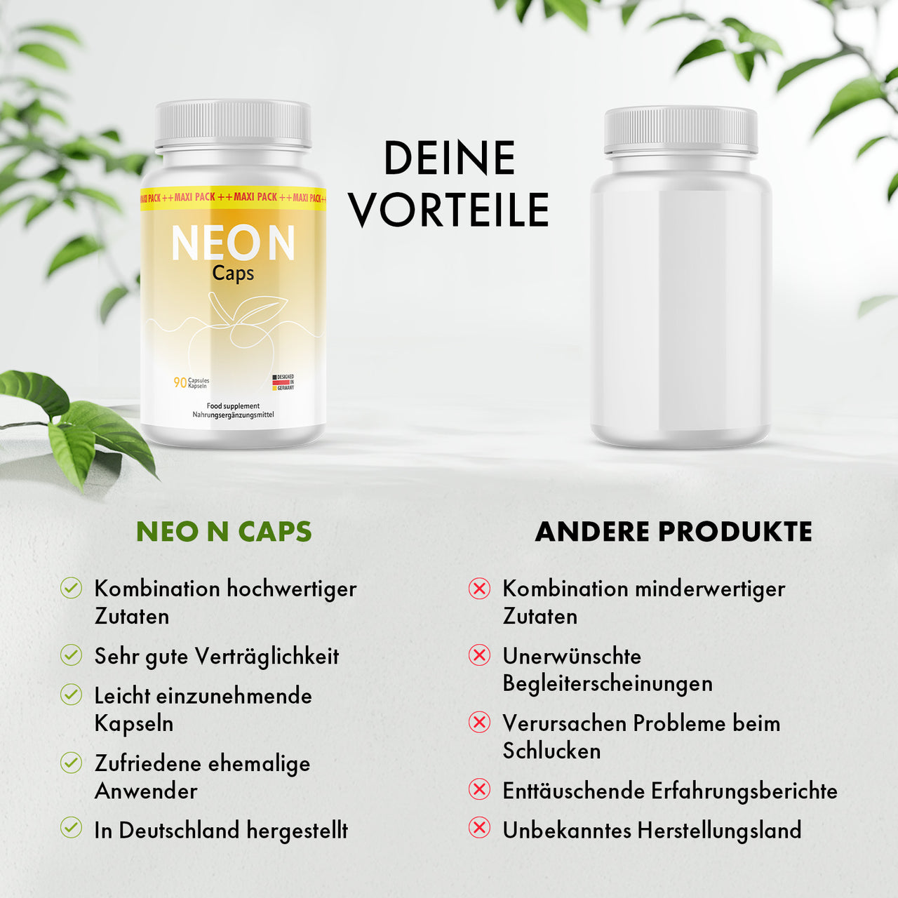 Vergleichsgrafik mit Neo N Caps Dose und anderer Dose sowie Listen mit Vorteilen und Nachteilen