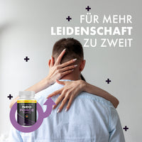 Thumbnail for Umarmendes Paar von hinten mit NEO FORCE FORTE Dose und Aufschrift Für mehr Leidenschaft zu zweit