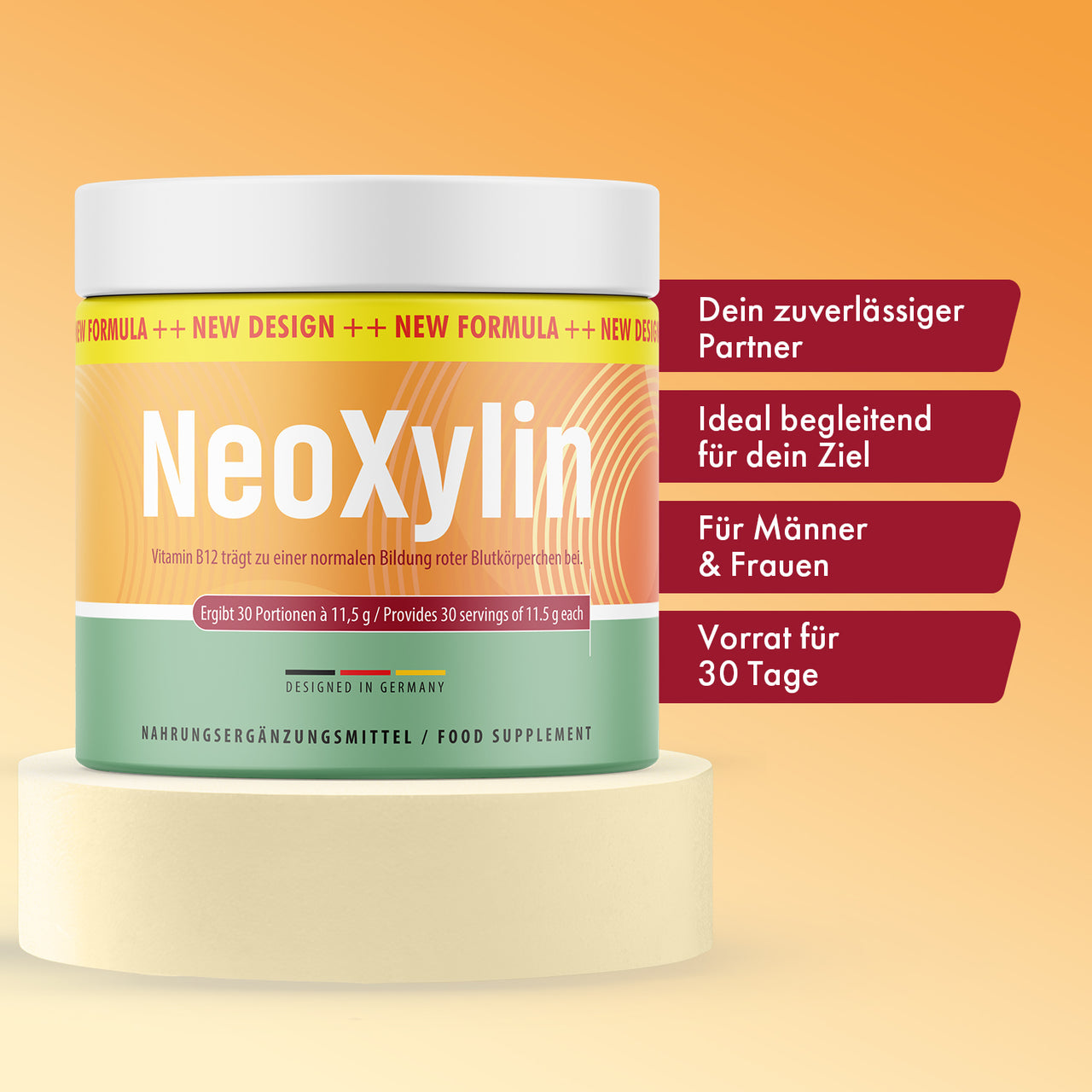 NeoXylin Dose mit 30 Portionen auf Podest vor orangefarbenem Hintergrund