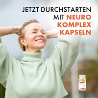Thumbnail for Lächelnde Frau mit verschränkten Armen hinter dem Kopf, rechts Text „Jetzt durchstarten mit Neuro Komplex Kapseln“
