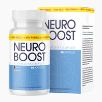 Thumbnail for Kunststoffdose mit blauem Etikett Neuro Boost Pflanzenkomplex 90 Kapseln vor passender Faltschachtel