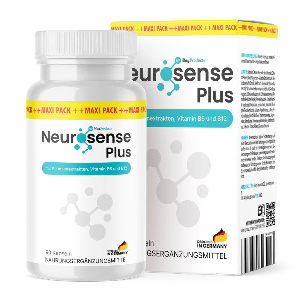 Kunststoffdose Neurosense Plus 90 Kapseln mit blauer Aufschrift und Molekülgrafik vor passender Faltschachtel