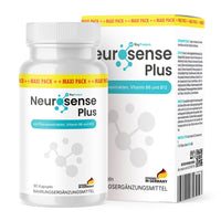 Thumbnail for Kunststoffdose Neurosense Plus 90 Kapseln mit blauer Aufschrift und Molekülgrafik vor passender Faltschachtel