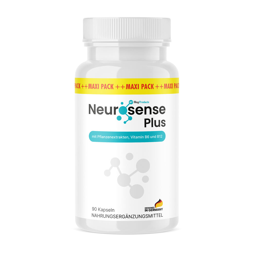 Neurosense Plus 90 Kapseln weiße Kunststoffdose mit Molekülgrafik und Schrift in Blau