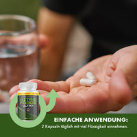 Thumbnail for Hand mit zwei weißen Kapseln, Wasserglas und NITRO FORCE ULTRA Dose mit täglichem Einnahmehinweis
