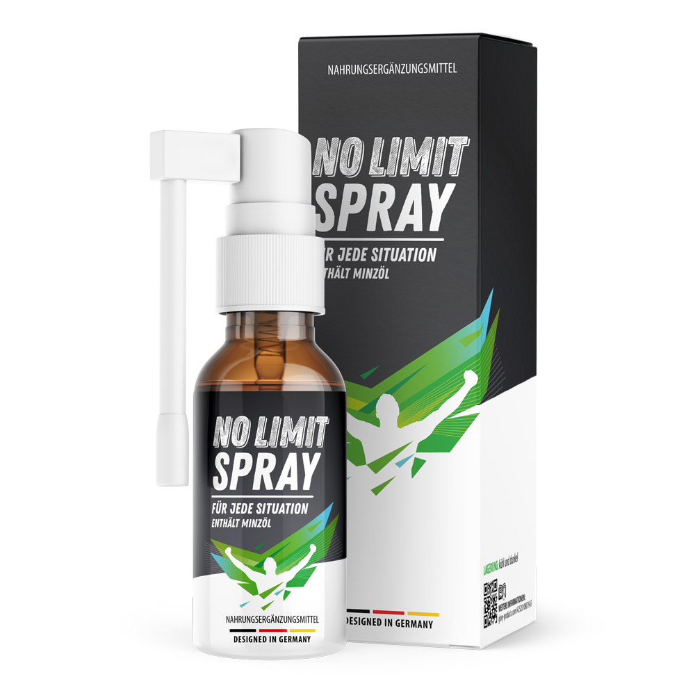 Braune Sprühflasche NO LIMIT SPRAY mit weißem Sprühkopf und Umverpackung