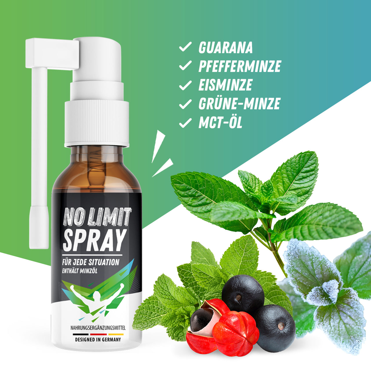 NO LIMIT SPRAY Flasche mit Blättern und Früchten als visuelle Darstellung von Minze, Guarana