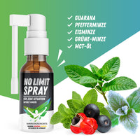 Thumbnail for NO LIMIT SPRAY Flasche mit Blättern und Früchten als visuelle Darstellung von Minze, Guarana