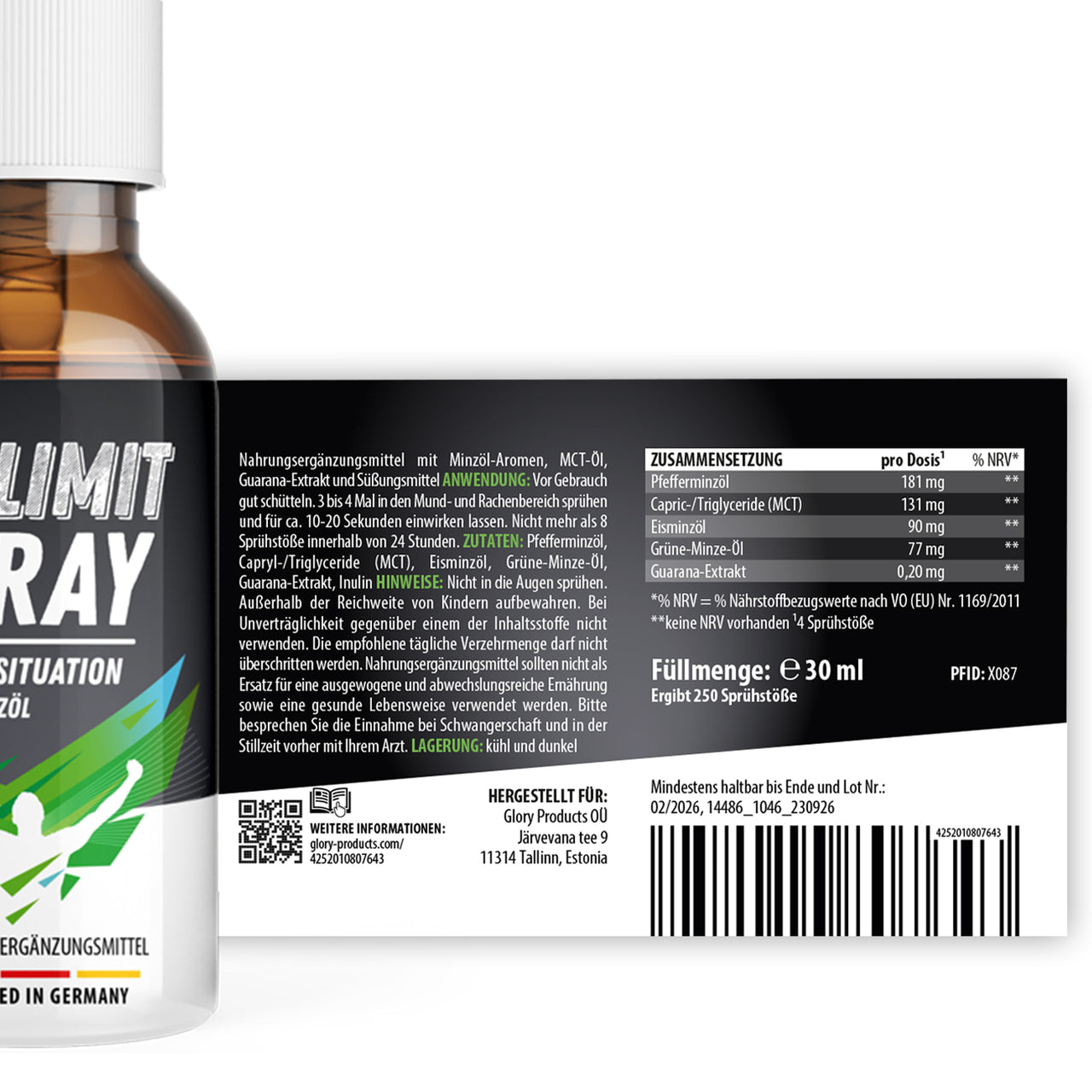 Etikett von NO LIMIT SPRAY mit Zutaten wie Minzölen und MCT, Anwendungshinweis und Dosiertabelle