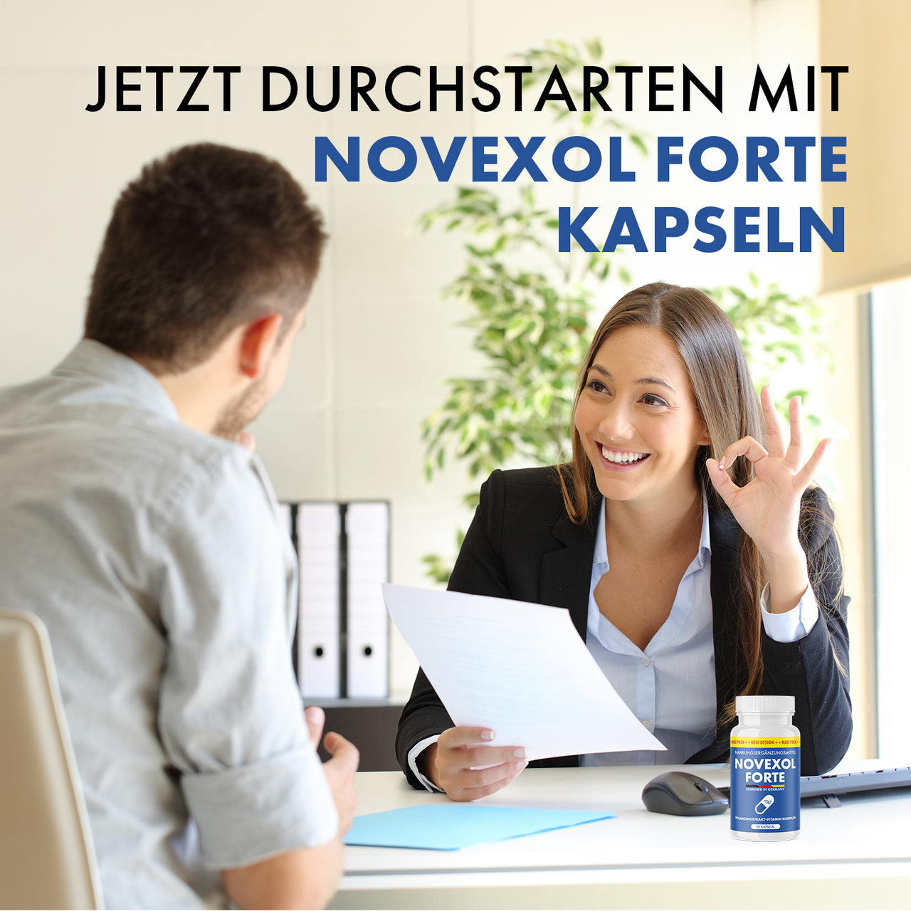 Zwei Personen am Schreibtisch mit Dokument und Novexol Forte Dose 90 Kapseln sowie Textüberschrift