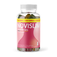 Thumbnail for Transparente Kunststoffdose mit pinkem Etikett Novislim Gummies, 60 Fruchtgummis sichtbar im Inneren