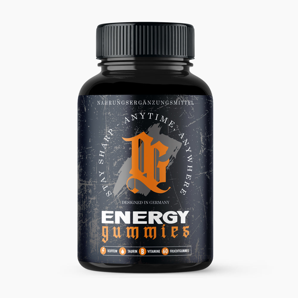 Schwarze Kunststoffdose ENERGY GUMMIES mit 60 Fruchtgummis mit Koffein, Taurin und Vitamin B