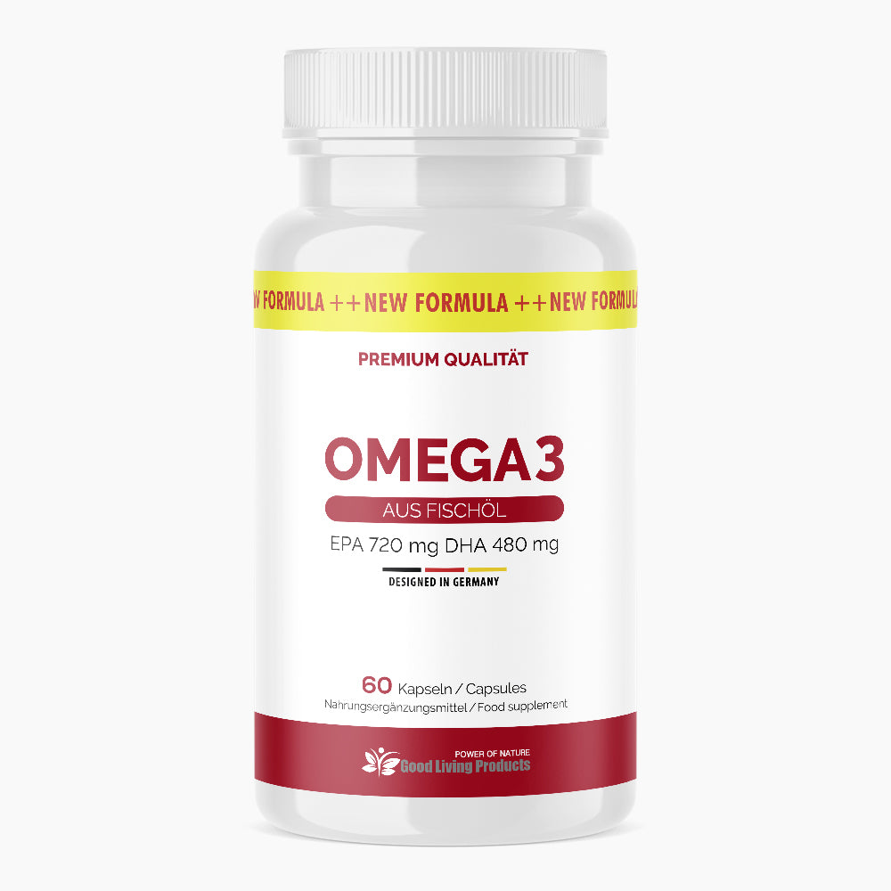 Weiße Dose mit Schrift OMEGA 3 EPA 720 mg DHA 480 mg, 60 Kapseln, Designed in Germany