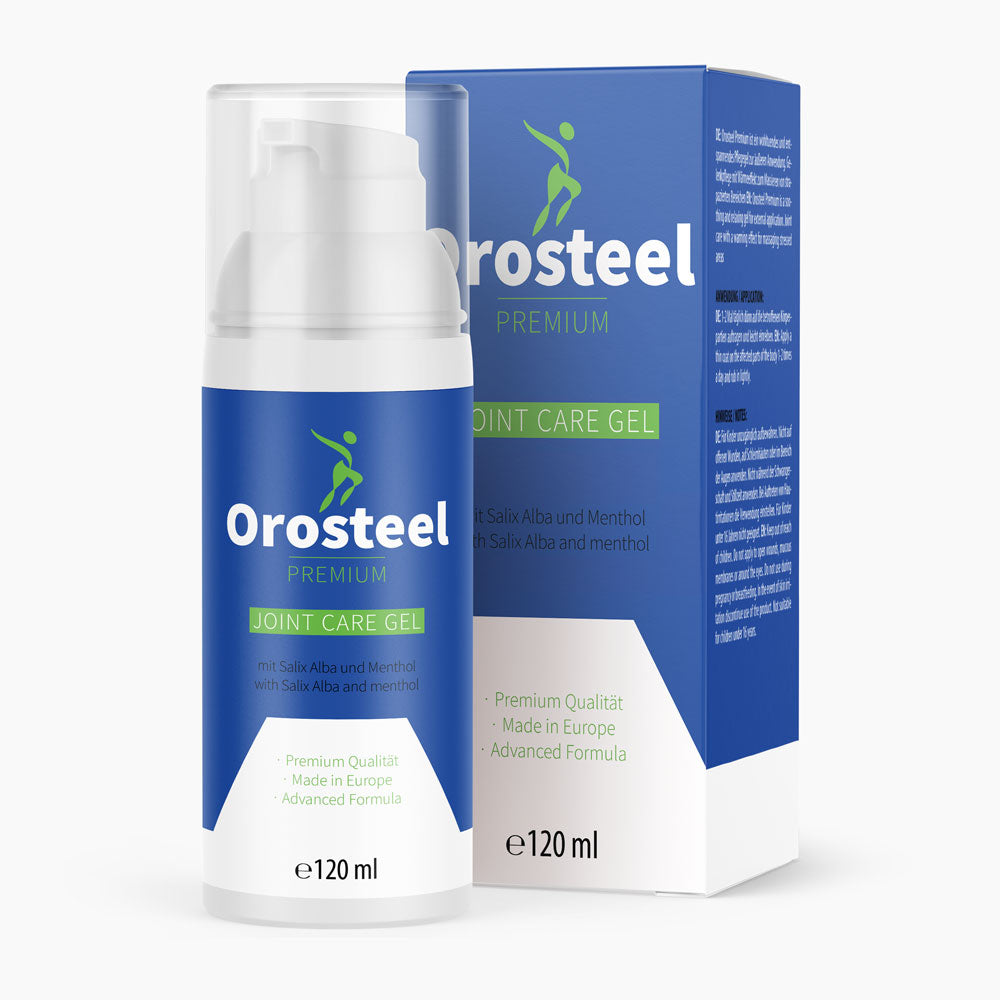 Produktabbildung von Orosteel Joint Care Gel mit Spenderflasche und Umverpackung, 120 ml